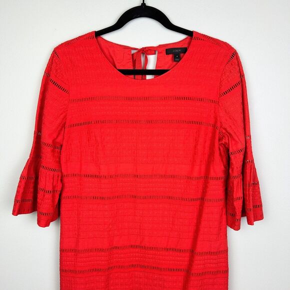 J.Crew Eyelet Flutter Bell Sleeve Shift Mini Dress Coral Orange Red Cotton Sz 4 - Picture 3 of 15